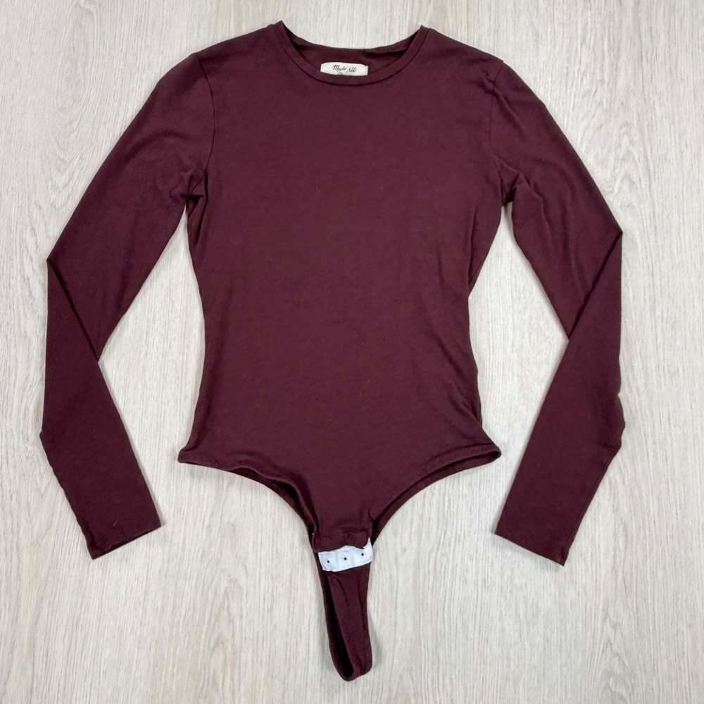 Bodysuit Madewell Womens Small Burgundy Long Sleeve Crewneck Thong Snap Layer